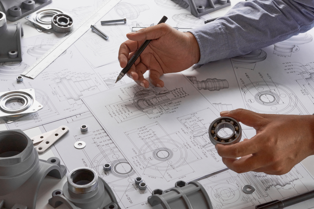 Engineer,Technician,Designing,Drawings,Mechanicalâ,Parts,Engineering,Engine,Manufacturing,Factory